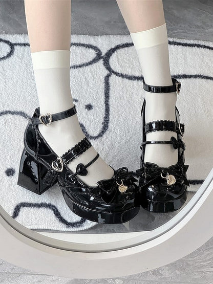 Bows Snap with Lolita Shoes Black Heart-Shaped Elegant High-heel