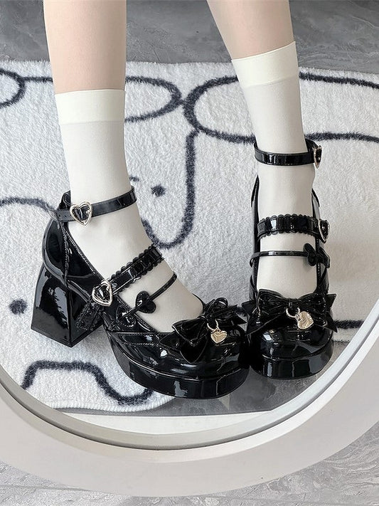 Bows Snap with Lolita Shoes Black Heart-Shaped Elegant High-heel