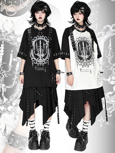 Shoulder Punk on Buckle Frame Print Picture with Cuffs Candelabra Rock Black White T-Shirt and - Details