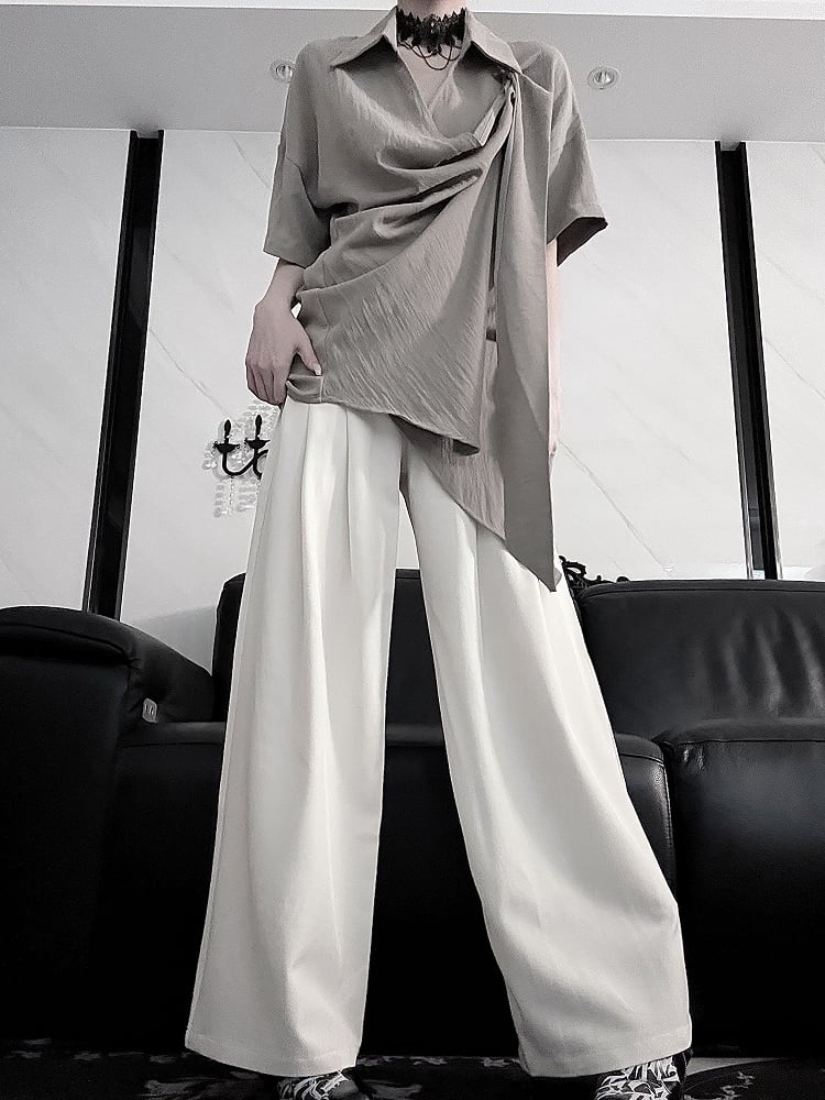 Top - Versatile Drop Shoulder Gray Short Sleeve Styling Neckline Crossover