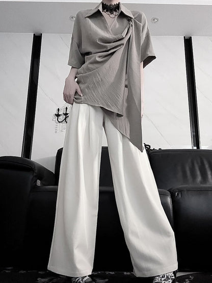 Top - Versatile Drop Shoulder Gray Short Sleeve Styling Neckline Crossover