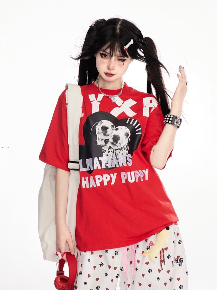 レッド クルーネック ダルメシアンプリント ヴィンテージTシャツ