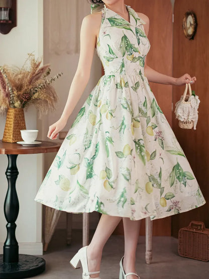Neck Big Neckholder Fashion Backless Bow Lemon Green Retro Print Back Dress