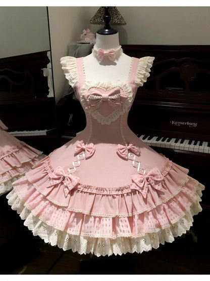 Bow-Adorned Tiered Ruffled Lolita JSK Dress in Sweet Pink - Yinying Lolita