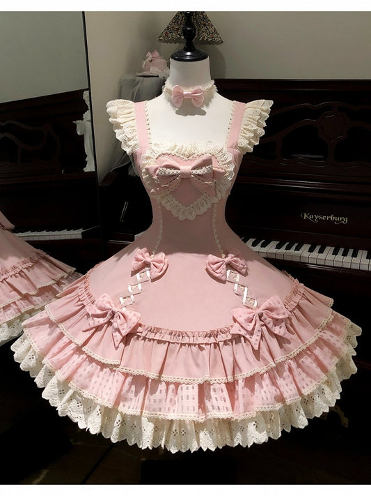 Bow-Adorned Tiered Ruffled Lolita JSK Dress in Sweet Pink - Yinying Lolita