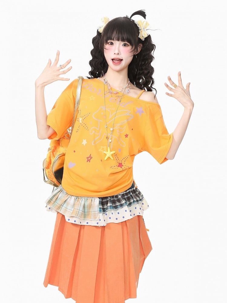 Orange Pegasus Print Asymmetric Shoulder T-Shirt with Rhinestone Details - Languid Park