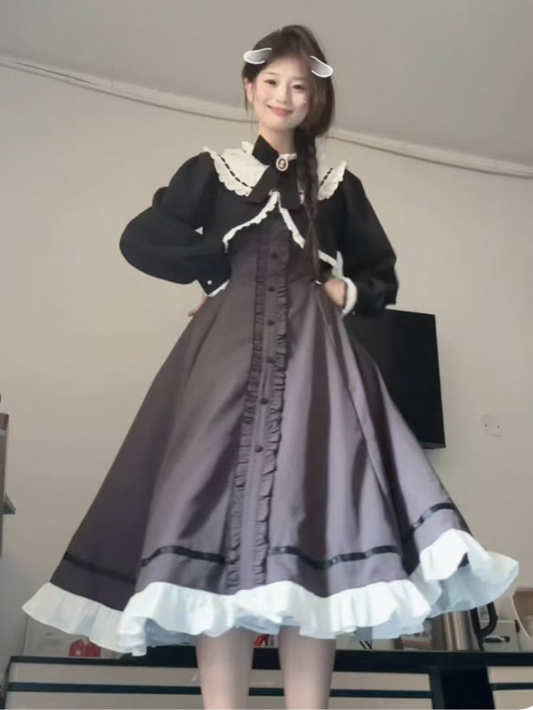 Grau-schwarzes, gefälschtes zweiteiliges Kleid mit Rüschenausschnitt