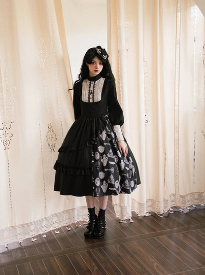 サスペンダースカート + エレガントなプジブラウスプリントデザインオリジナルKula