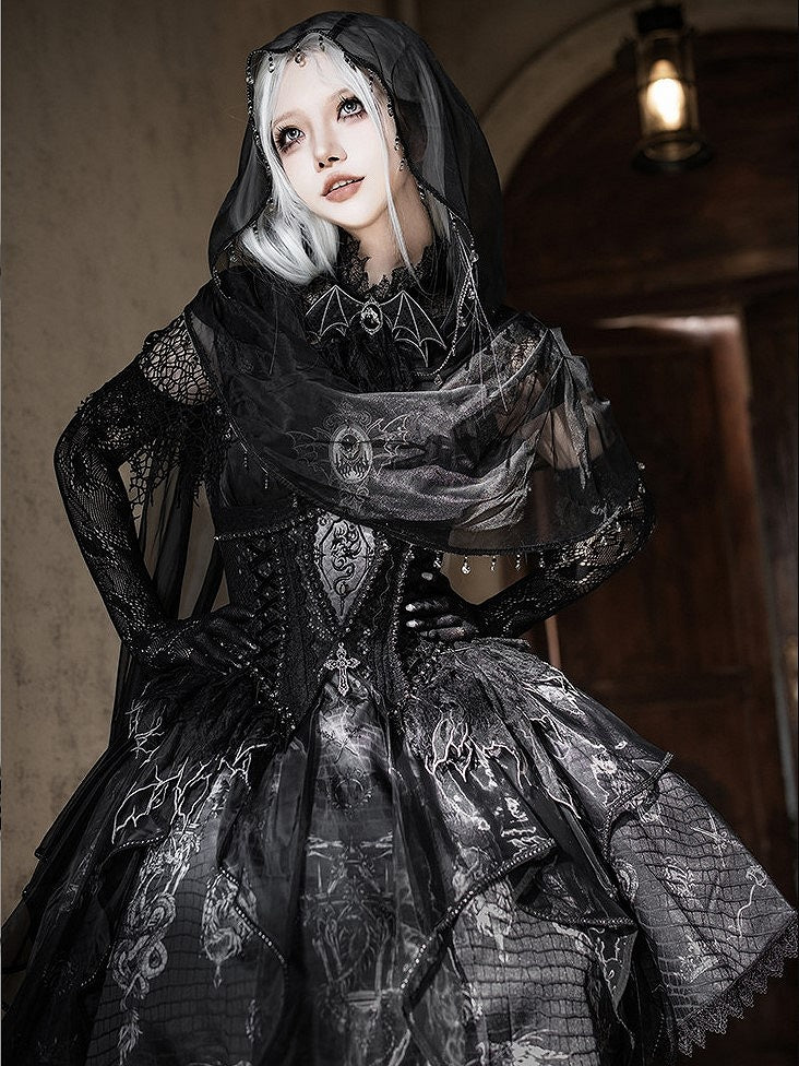 Black & Gray Bone Dragon Embroidery Halter Neck Gothic Lolita Dress Set - Ying Luo Fu