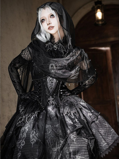 Black & Gray Bone Dragon Embroidery Halter Neck Gothic Lolita Dress Set - Ying Luo Fu