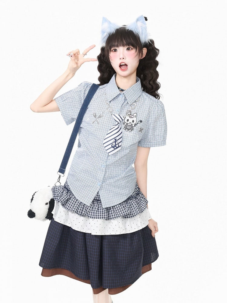 Blue Gingham Short-Sleeve Blouse with Bunny Embroidery, Kawaii Casual - Languid Park
