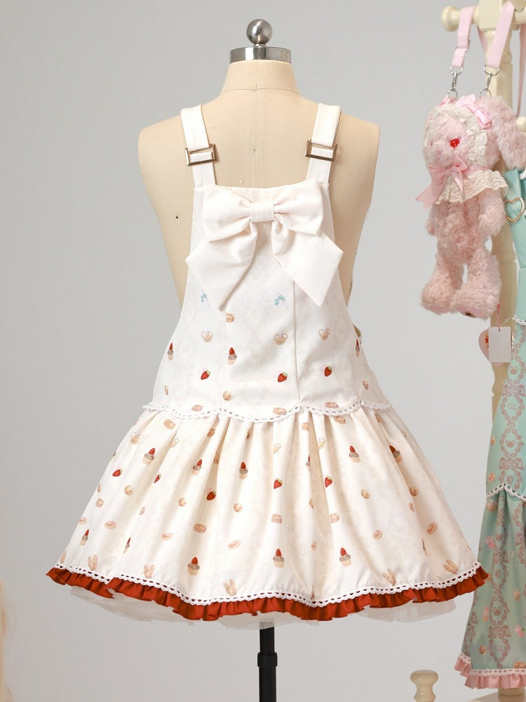 Beige Bear & Strawberry Print Adjustable-Strap Jumper Dress - Honey Village