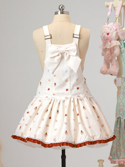 Beige Bear & Strawberry Print Adjustable-Strap Jumper Dress - Honey Village