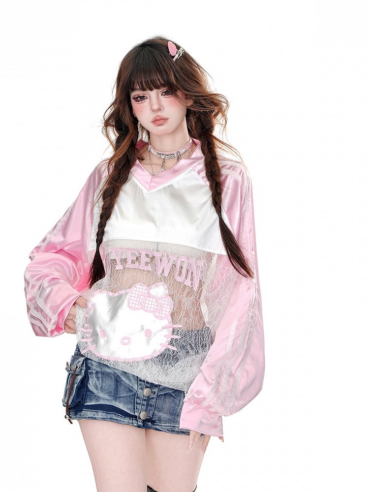 Lockeres Sweatshirt mit Katzenmuster, kontrastierenden Spitzenpatches und V-Ausschnitt