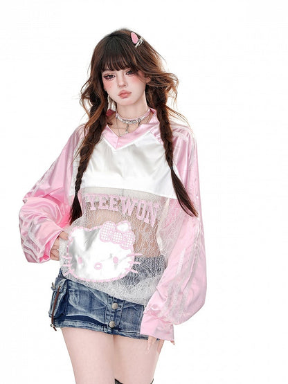 Lockeres Sweatshirt mit Katzenmuster, kontrastierenden Spitzenpatches und V-Ausschnitt