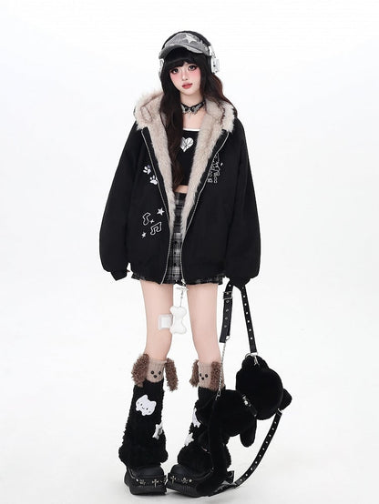 Cozy Suede Cat-Ear Hooded Coat with Plush Lining and Embroidered Cat Details Black/Apricot