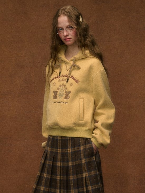 Style Preppy Squirrel Embroidery with Drawstring Hood Yellow Hoodie
