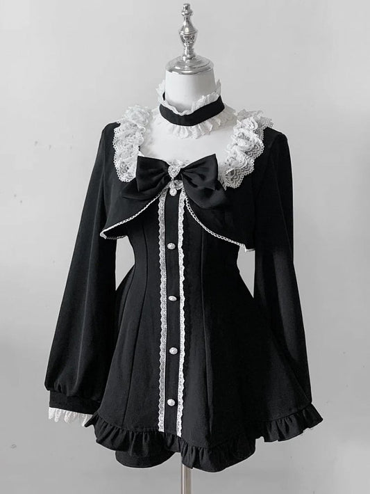 Black Jirai Kei Long Sleeve Coord Set- Square Neck Top with Lace Edging, Shorts, Bow Tie & Choker