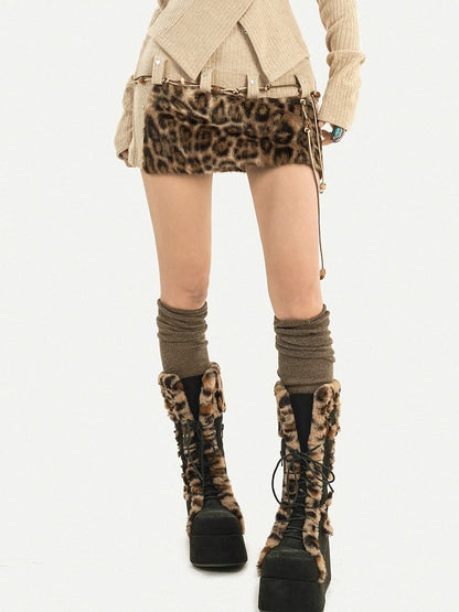 Leopard Print Knit Heart Skirt in Vintage Oatmeal