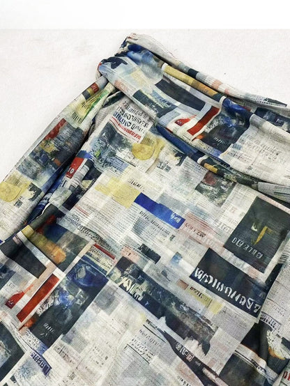 Sleeve Y2K Long Print Colorful Newspaper Top Glamorous Neckline Off-the-shoulder