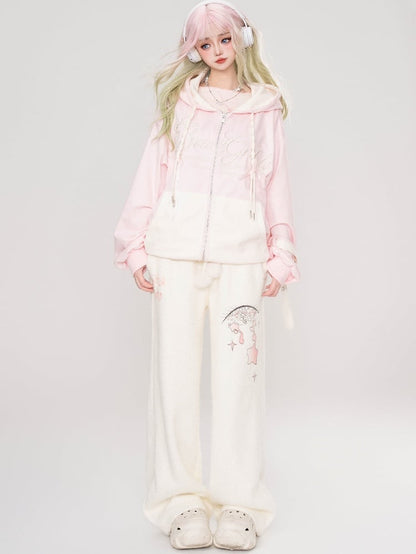 Black/Pink Letter Embroidery Colorblock Zip Hoodie