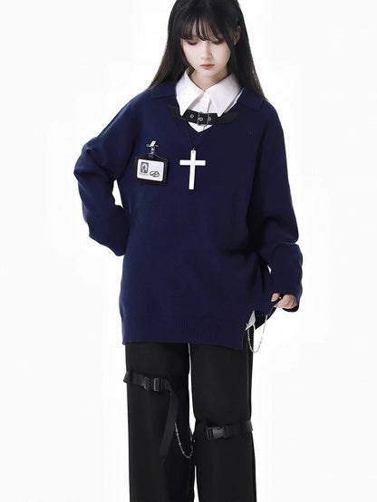 Free Holder Navy Blue V-Neck Buckle Card Strap Spring Sweater Necklace