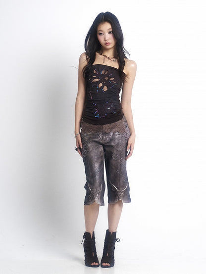 with Sequins Bustier Reflective Top Brown Cutouts Embroidered Floral Dark