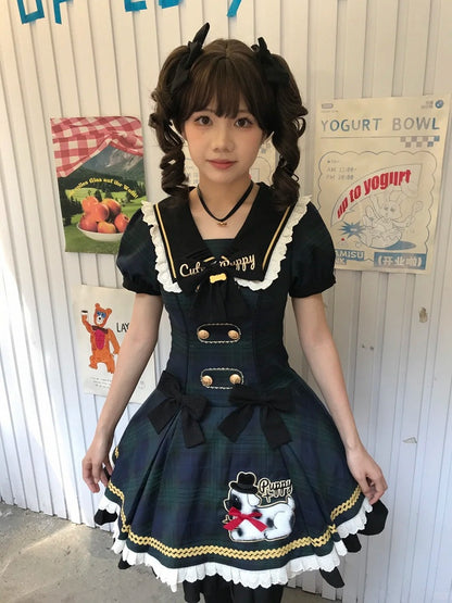 with Lace Plaid Trim Sweet Lolita Green and Black Dress Puppy Patch