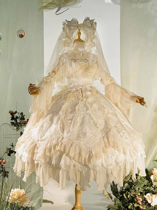 Lolita Dress JSK Ruffles Flowing Hanayome Yellow Version Rose Layered Accents with Long Light