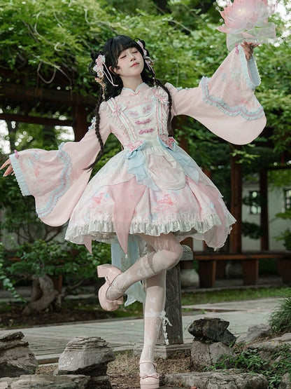 Long with Print Golden Blue Lolita and Sleeves Fish Pink Dress Floral Han