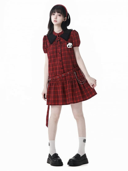 Buckle Plushie and Belt with Panda Red  Black Puff Sleeves Plaid Dress