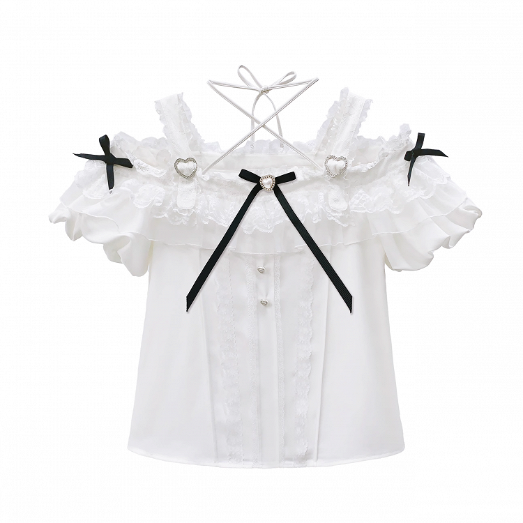 Black Bowknots White Off-the-shoulder Neckline Top Jirai Kei Style with
