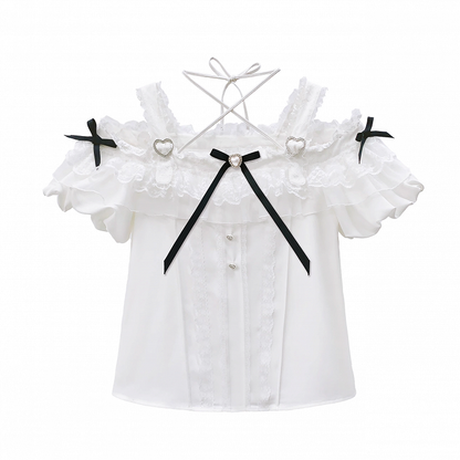 Black Bowknots White Off-the-shoulder Neckline Top Jirai Kei Style with