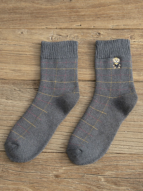 Kawaii Bear-Embroidered Striped Calf Socks