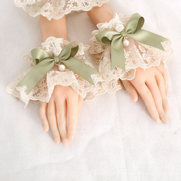 Wrist Lace Charm Country Beige With Green Bowknot Lolita Cuffs Bead