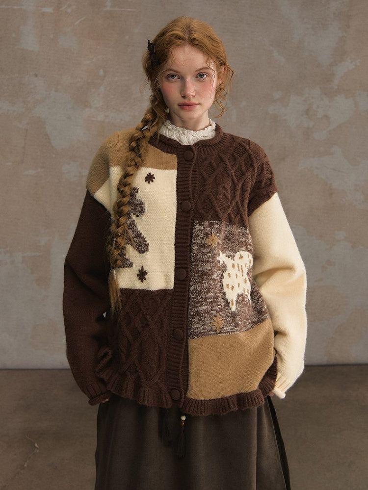 Pony Brown Knitted Patchwork Beige with Vintage Cardigan Motif