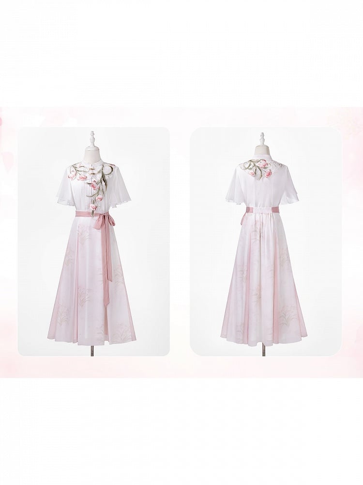 White and Pink Chinese Floral Embroidered Capelet with Chiffon Top and Skirt - Unknown Star