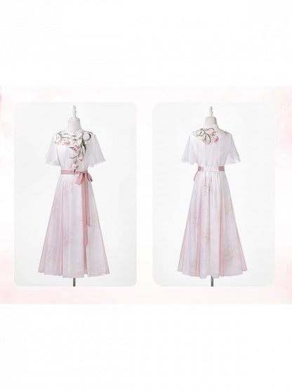 White and Pink Chinese Floral Embroidered Capelet with Chiffon Top and Skirt - Unknown Star