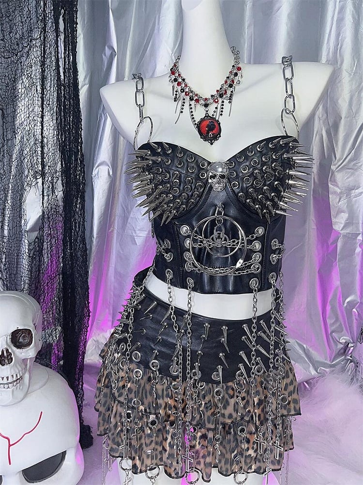 ブラック Y2K スタッドディテール PU パンクトップ