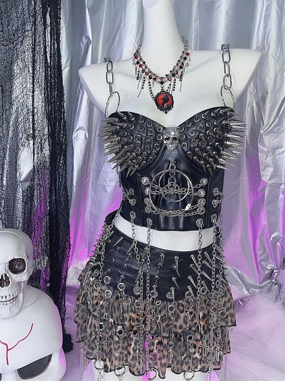 ブラック Y2K スタッドディテール PU パンクトップ