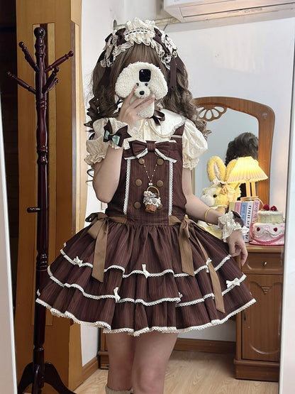 Accents Layered Sweet Bow with Ruffle Striped Overall Brown Dress Lolita