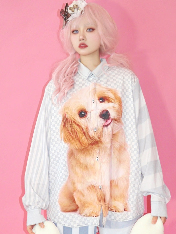 And Print Pattern Puppy Gyaru Fashion Striped Checked Gray Shirt