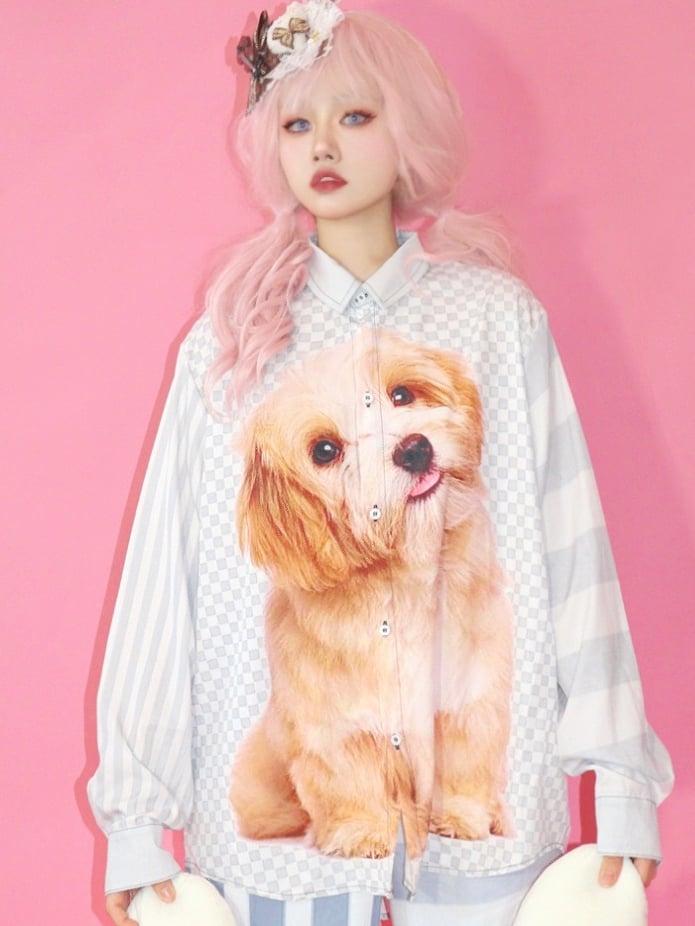 Mode Grau Kariert Welpen Muster Druck Gestreiften Gyaru Hemd Und