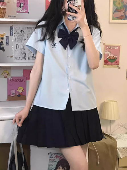 Preppy Sakura Shirt Embroidery Style White/Gray/Blue