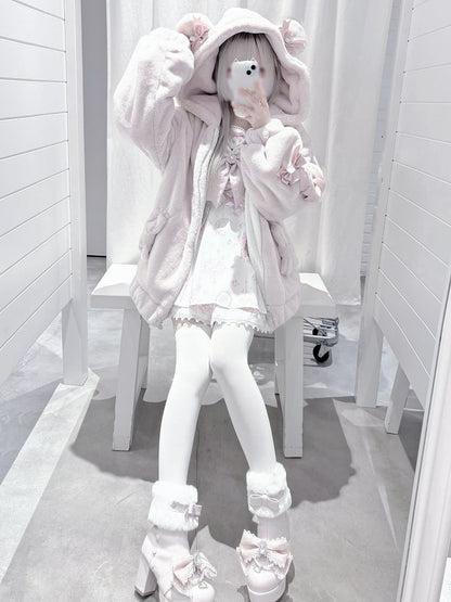 Light Plush with Pink Kei Jirai Bow Hooded Bear Jacket Ear Warm Decor