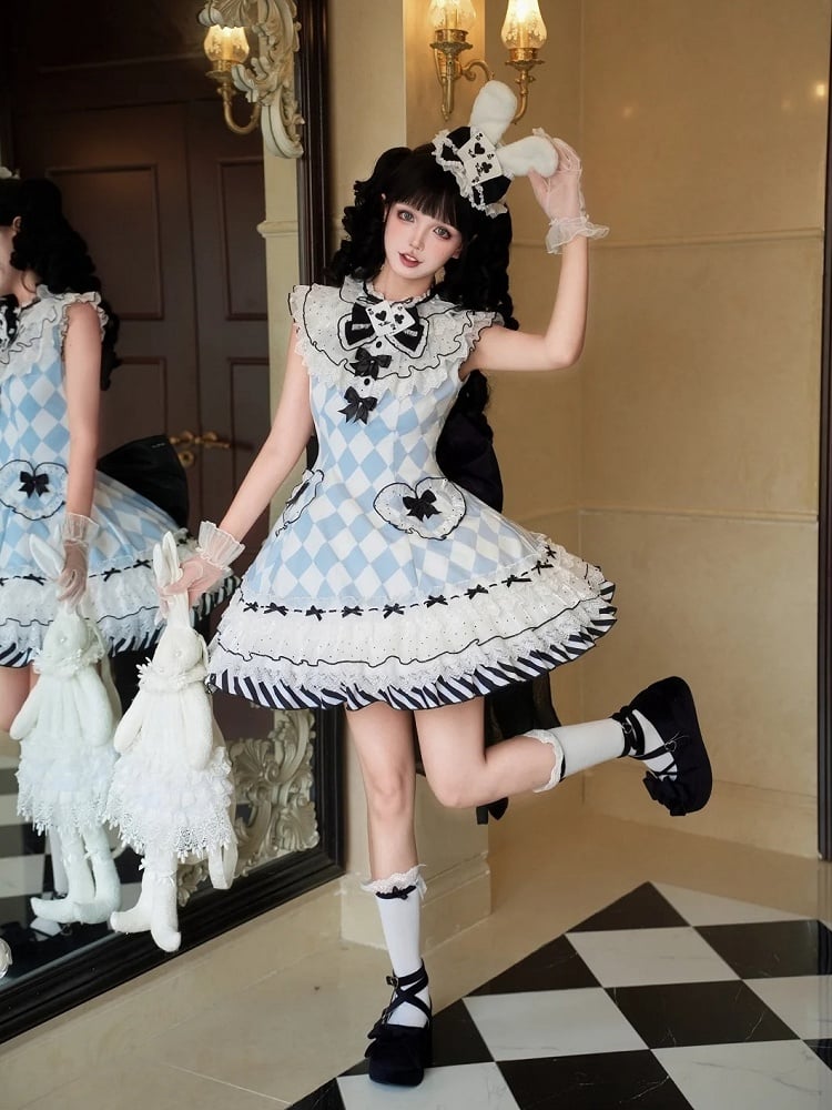 Wonderland Alice Blue Diamond Pattern Bunny Ears Hat Vibes in