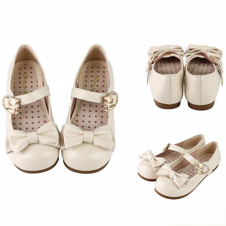 Schleife mit Bär Süße Lolita Schnallen an der Spitze Beige Flats Herz Umarmung