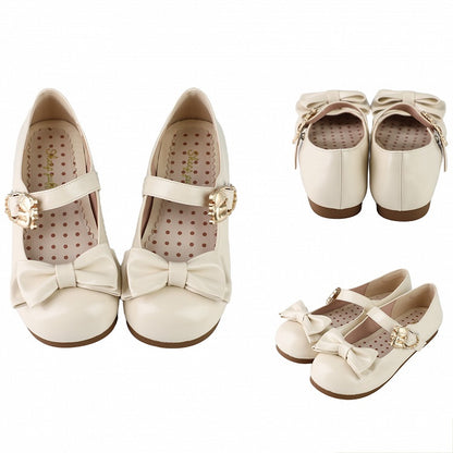 Bow with Bear Sweet Lolita Buckles at Top Beige Flats Heart Hugging