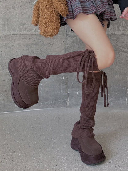 ホワイト/ライトグレー/ブラック/コーヒー/カーキ セルフタイストラップ ニットレッグウォーマー