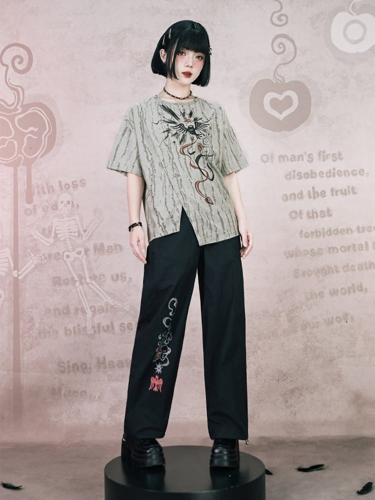 Black Totem Print Straight-Leg Pants with Drawstring Cuffs - Quirky Hut